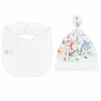 Baby Girls White Floral Hat & Bib Set