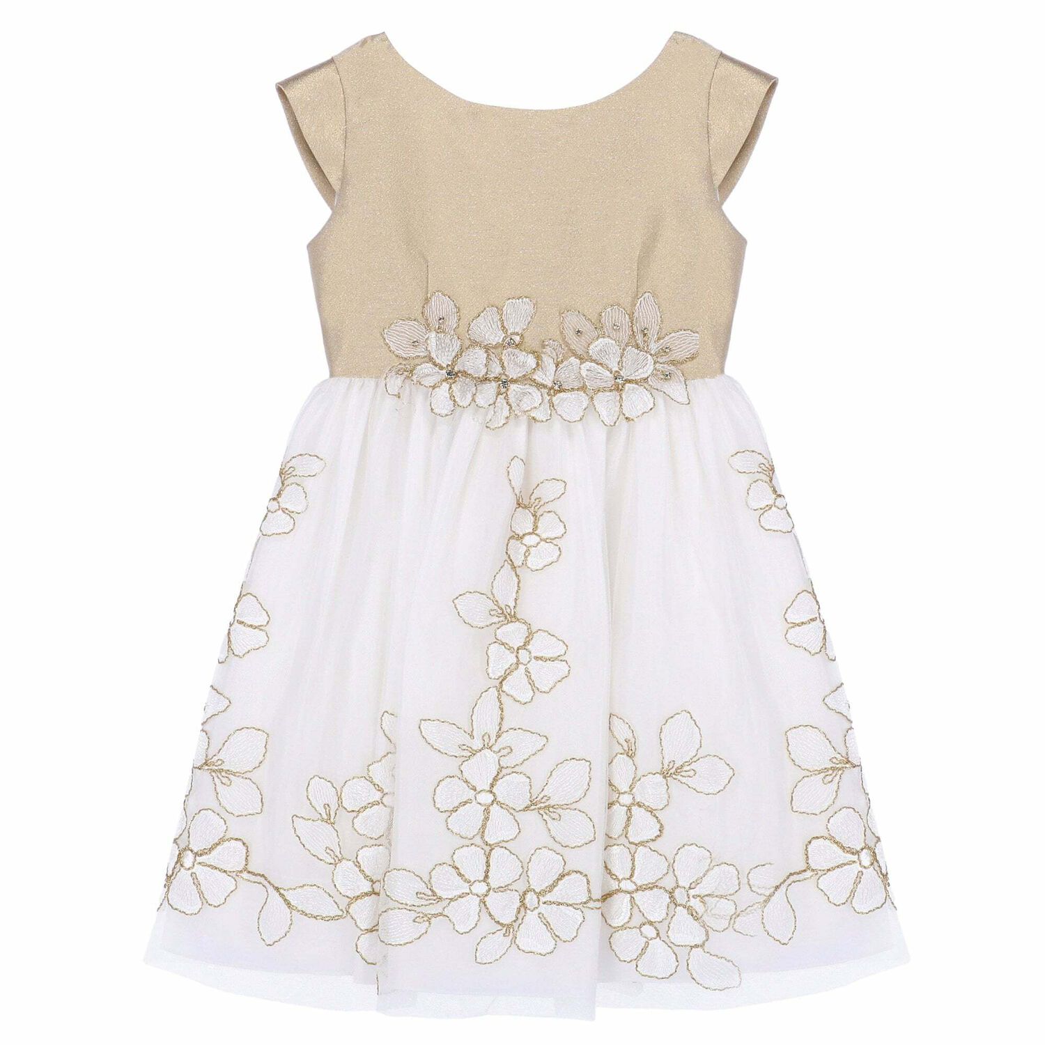 Girls Gold Floral Embroidered Dress, 1, hi-res