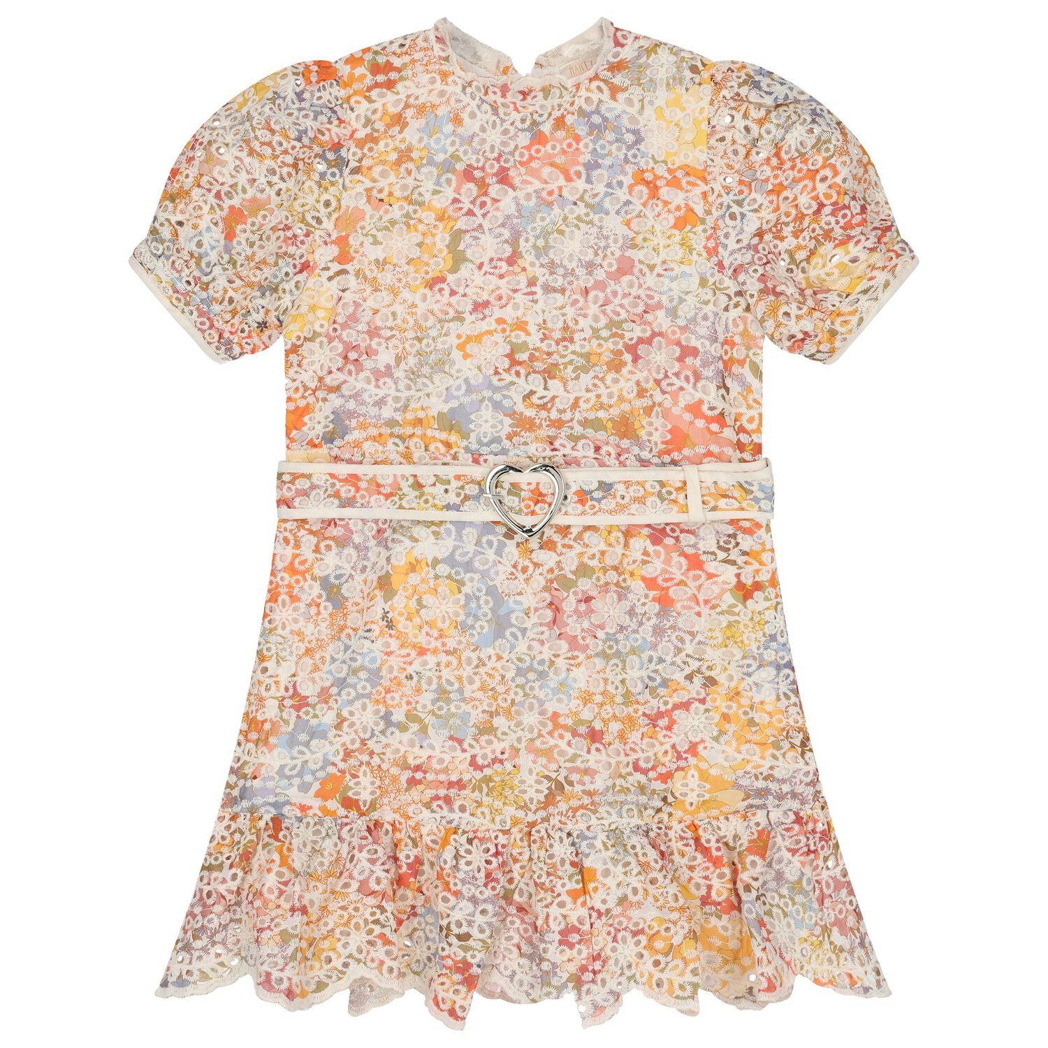 Girls Orange Floral Belted Dress, 1, hi-res