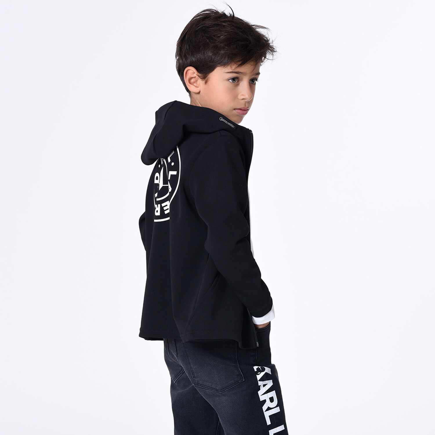 Boys Black Logo Hooded Zip Up Top, 1, hi-res