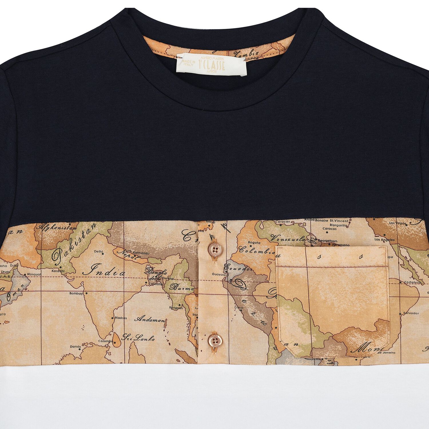Boys Navy Blue, White & Beige Geo Map T-Shirt, 1, hi-res image number null