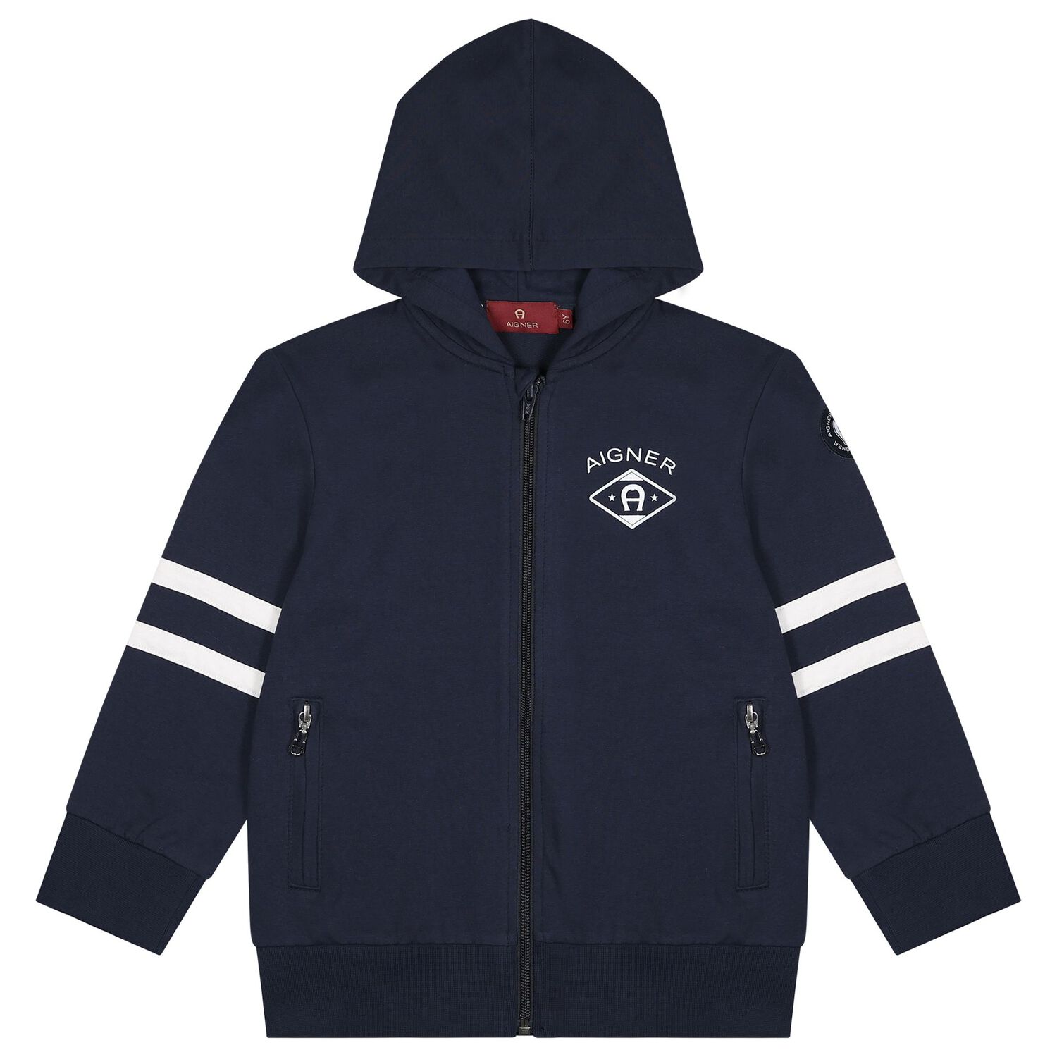 Boys Navy Blue Logo Hooded Zip Up Top, 1, hi-res