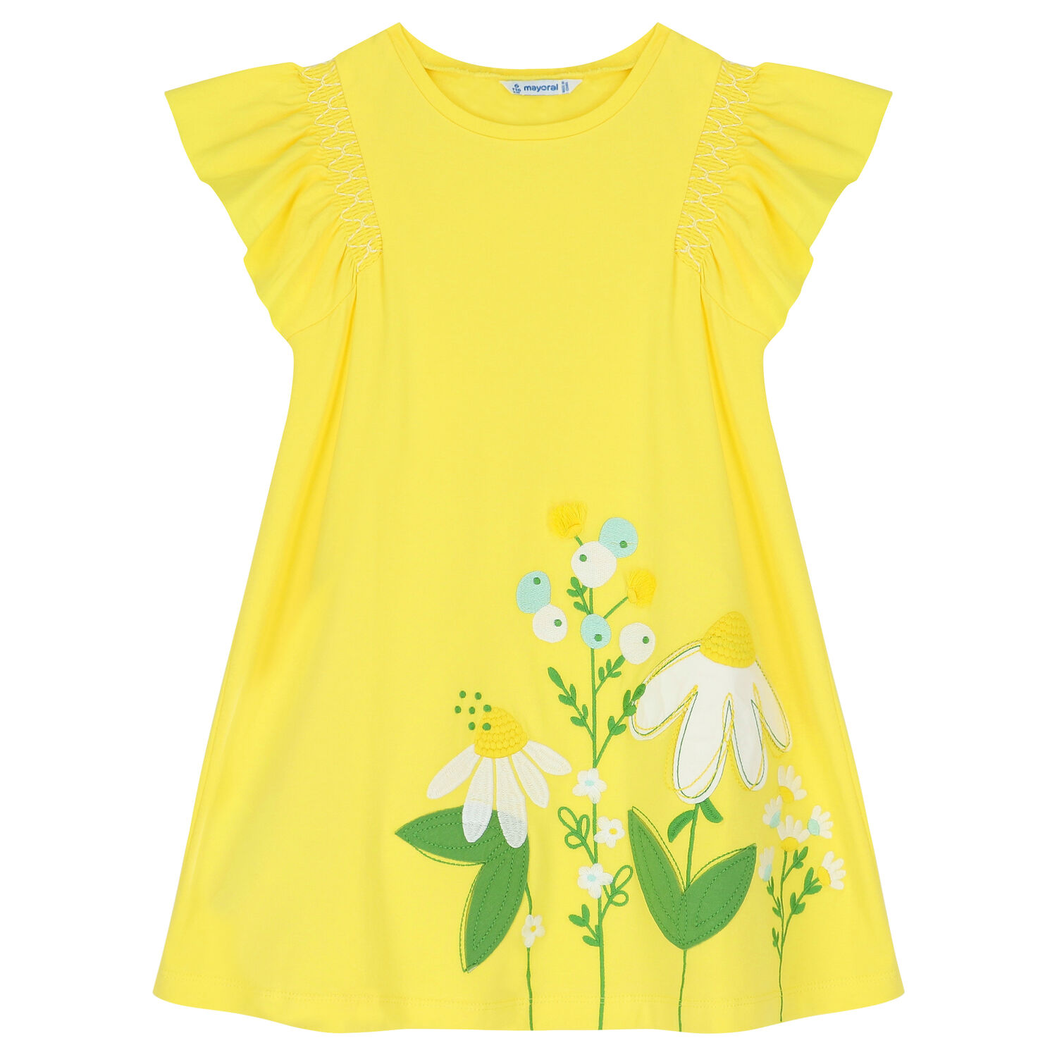 Girls Yellow Embroidered Flower Dress, 1, hi-res