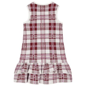 Girls White & Burgundy Red Check Knitted Dress
