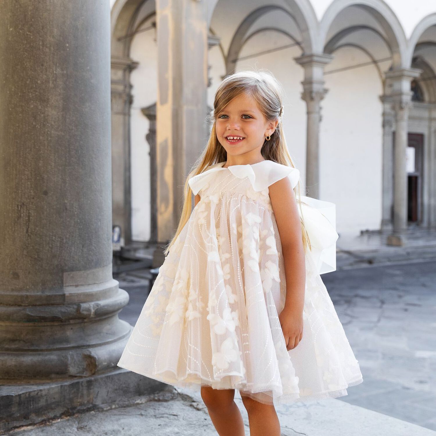 Younger Girls Ivory Butterfly Tulle Dress, 1, hi-res