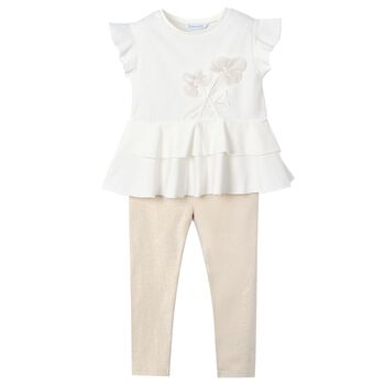 Girls White & Gold Leggings Set