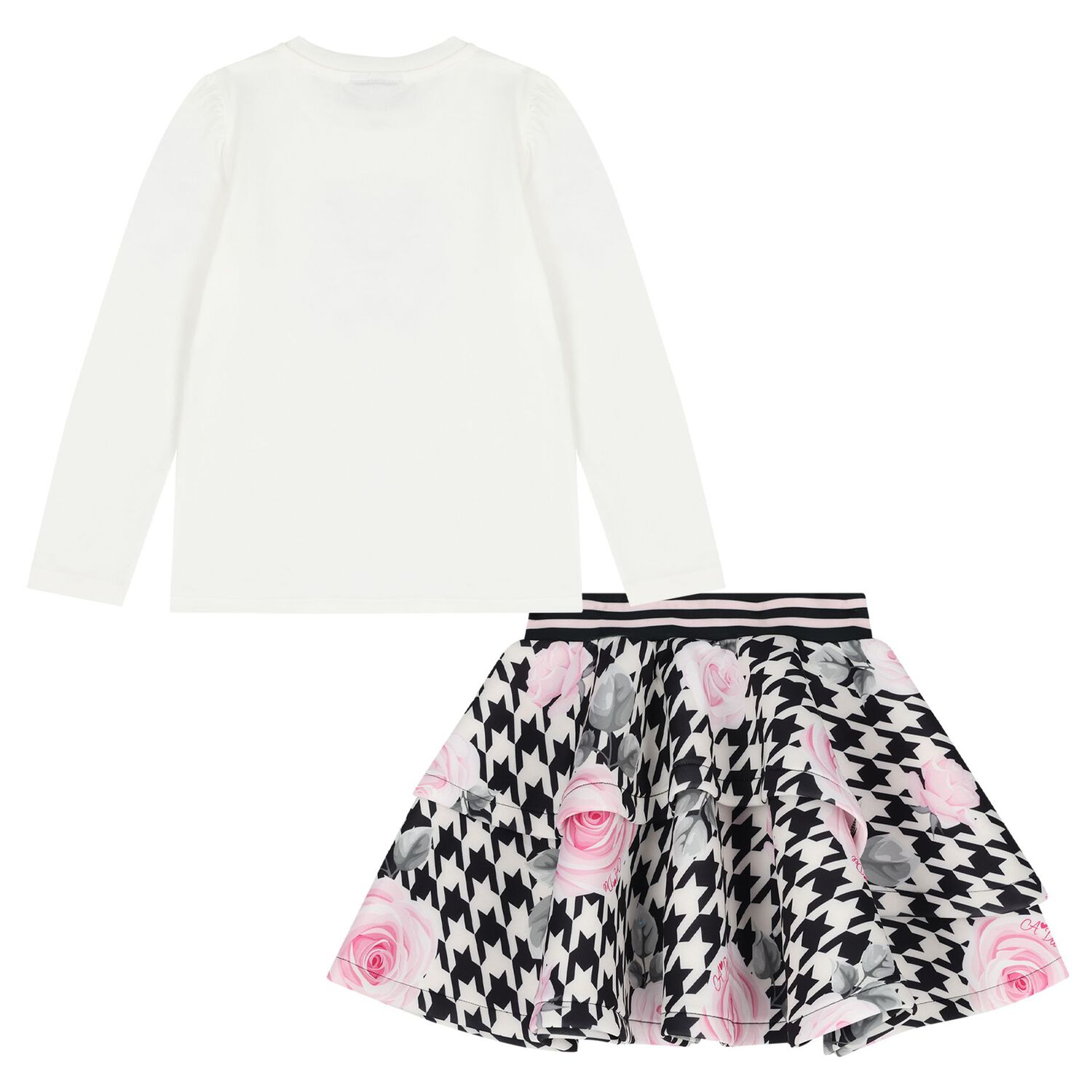 Girls Ivory & Black Embellished Houndstooth Skirt Set, 1, hi-res