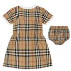 Baby Girls White & Beige Check Dress Set, 1, hi-res