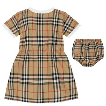 Baby Girls White & Beige Check Dress Set