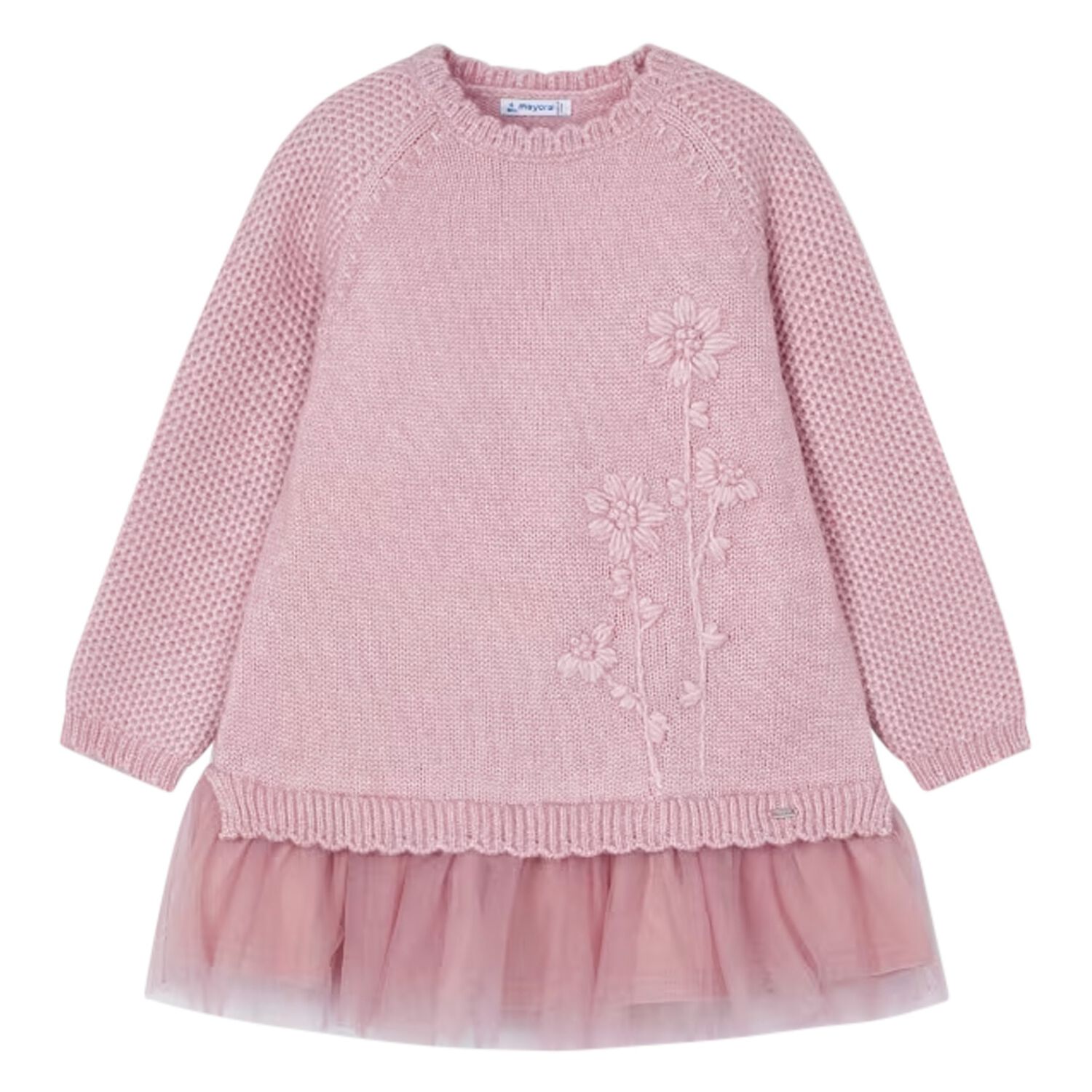 فستان بنات محبوك بتطريز زهور وردية , 1, hi-res