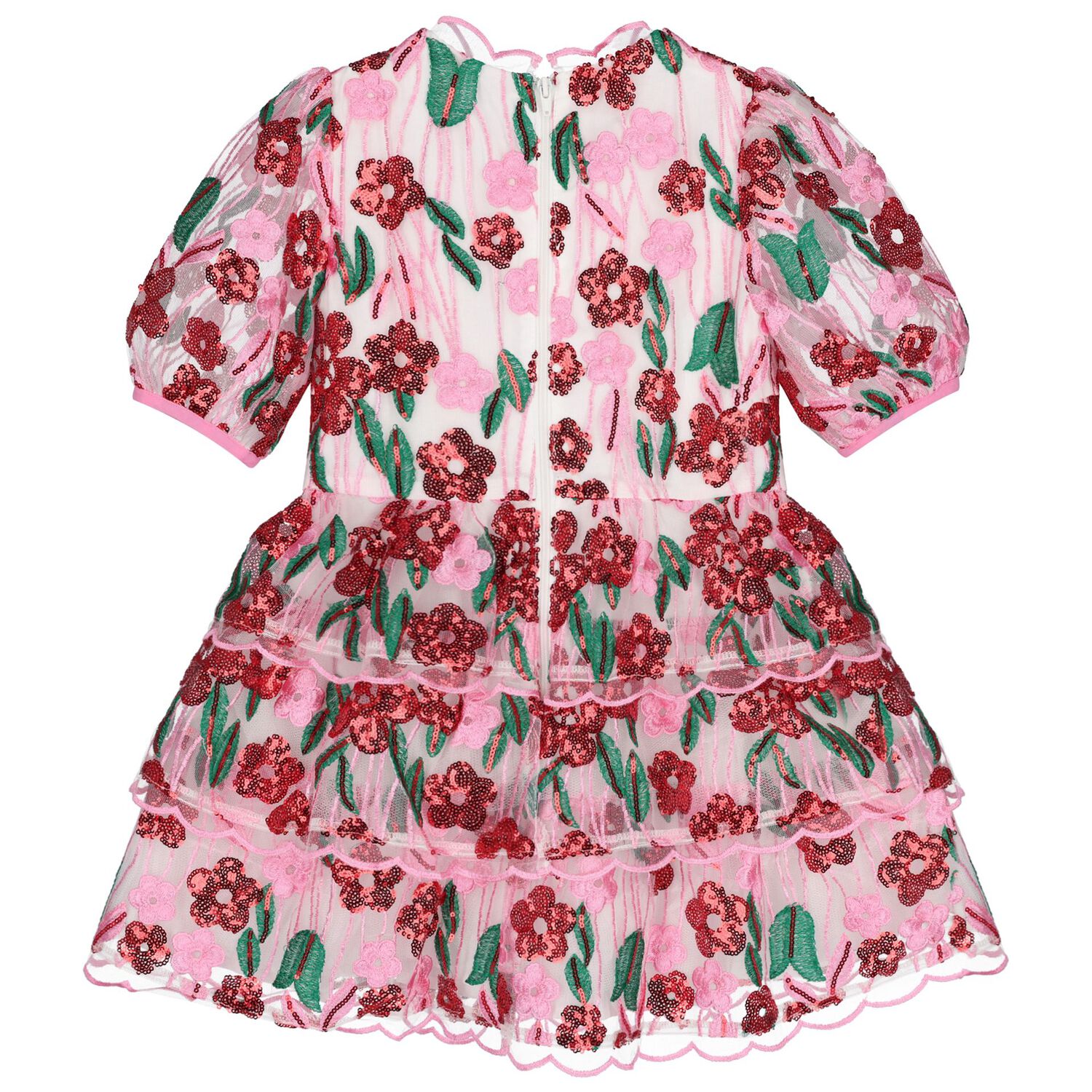 فستان تول مطرز بالترتر باللون الوردي والأحمر للبنات , 1, hi-res