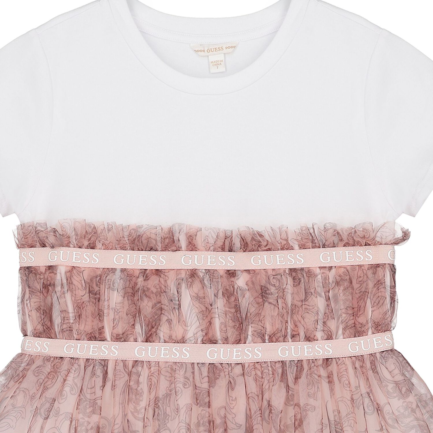 فستان تول بالشعار باللون الأبيض والبيج للبنات, 1, hi-res