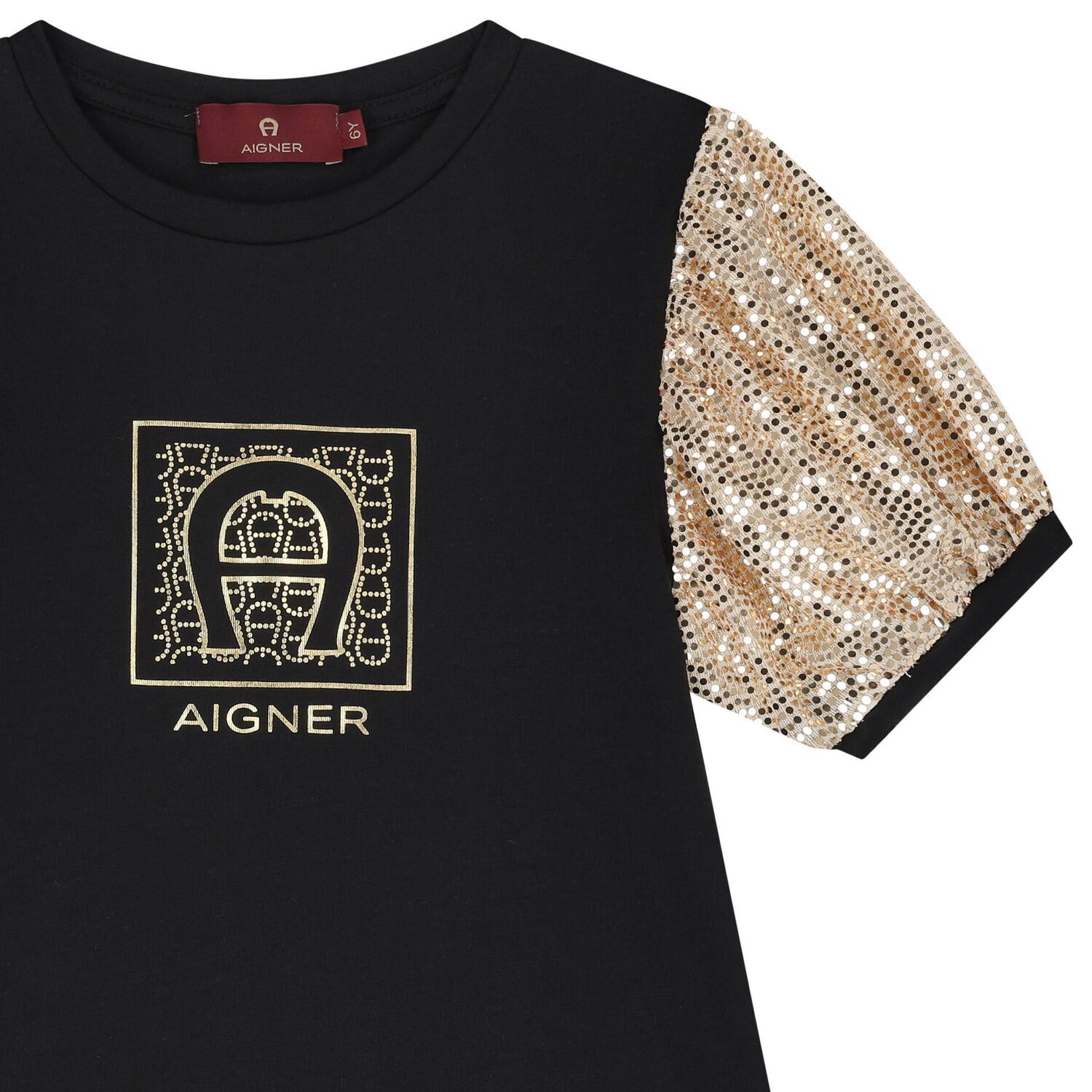 فستان بنات بالشعار باللون الأسود والذهبي, 1, hi-res image number null