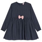 Girls Navy Blue Bow & Dots Dress, 1, hi-res