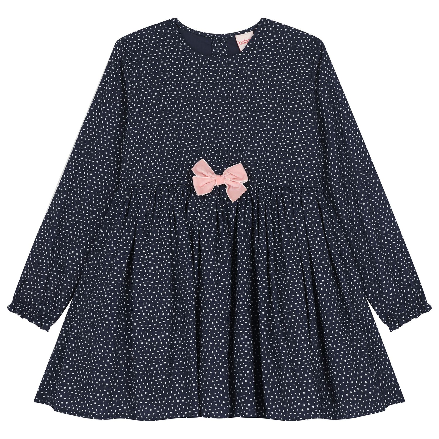 Girls Navy Blue Bow & Dots Dress, 1, hi-res