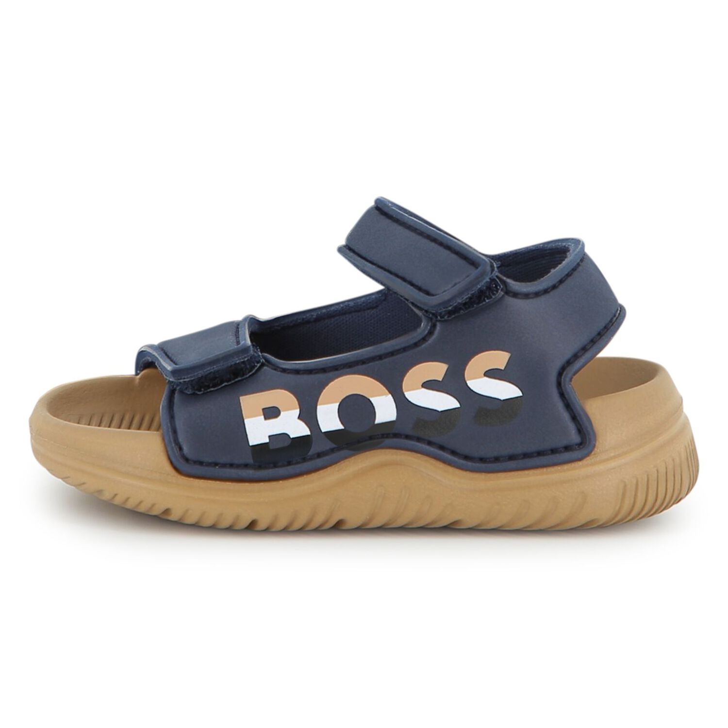 Boys Navy Blue & Beige Logo Sandals, 3, hi-res