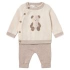 Baby Boys Beige Teddy Bear Knitted Trouser Set, 1, hi-res