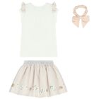 Girls White & Beige Striped Skirt Set, 3, hi-res