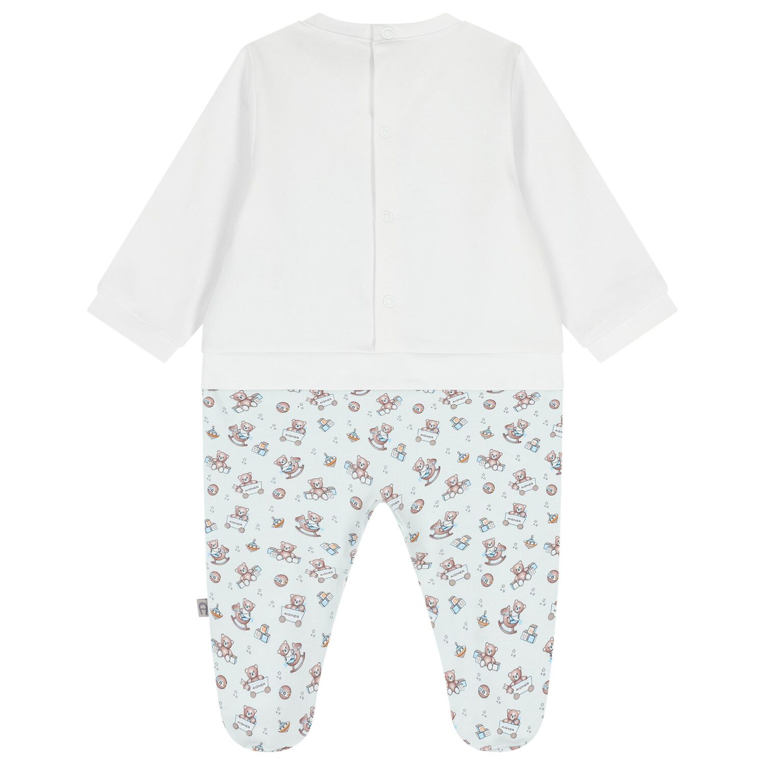 Baby Boys White & Blue Teddy Bear Logo Babygrow, 1, hi-res