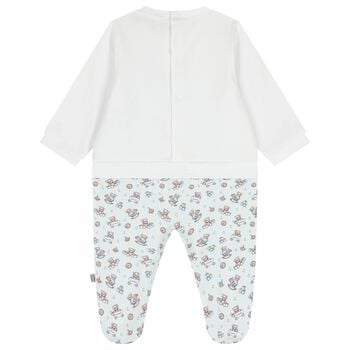Baby Boys White & Blue Teddy Bear Logo Babygrow