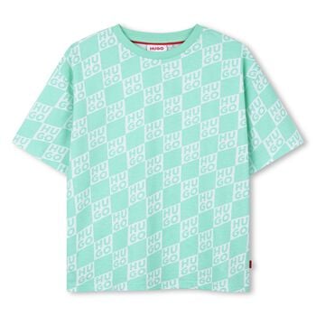 Boys Aqua & White Check Logo T-Shirt