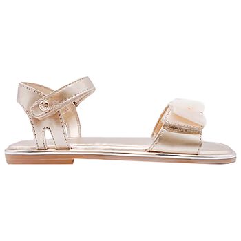 Girls Gold Leather Tulle Bow Sandal
