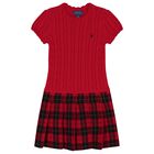 Girls Red Cable Knit & Tartan Dress, 1, hi-res