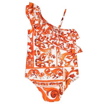 Girls White & Orange Majolica Swimsuit