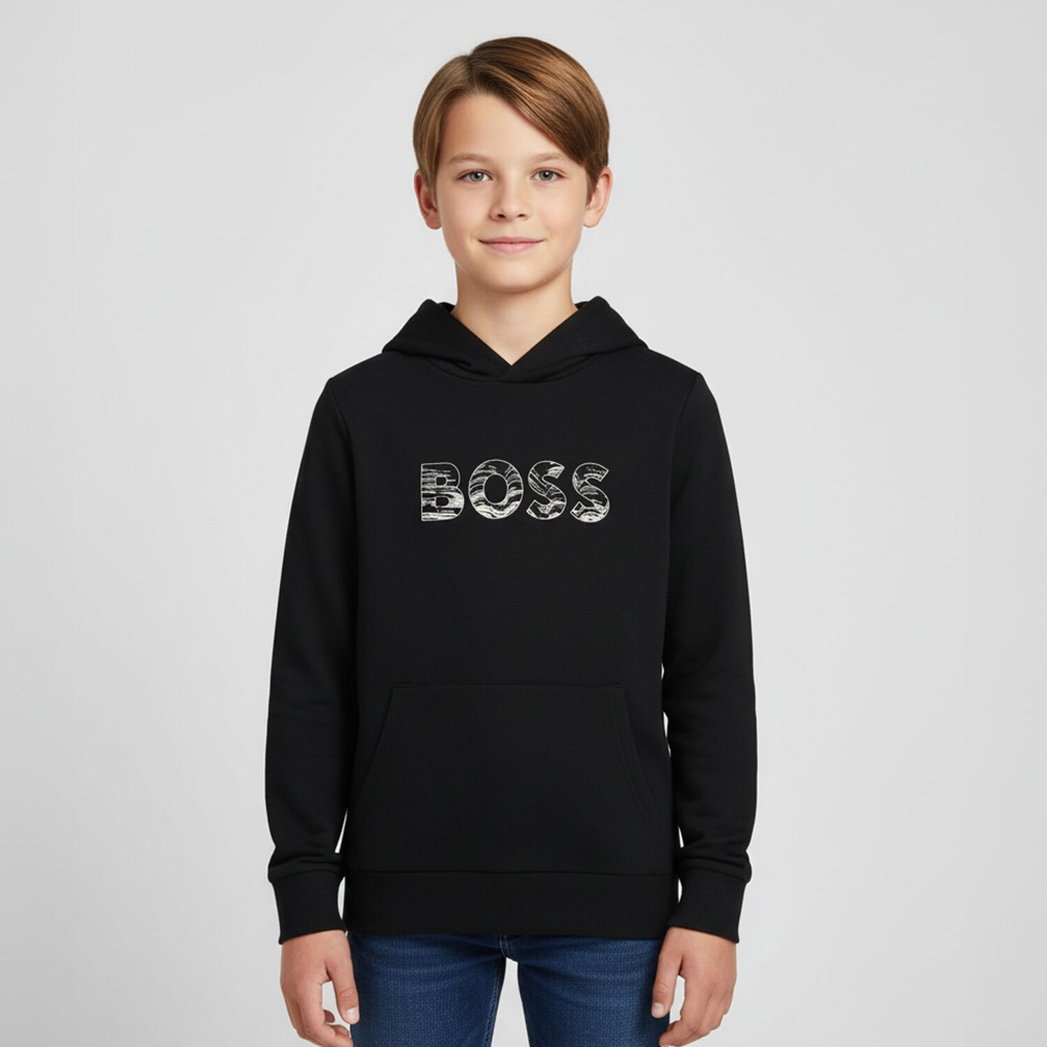 Boys Black Logo Hooded Top, 1, hi-res