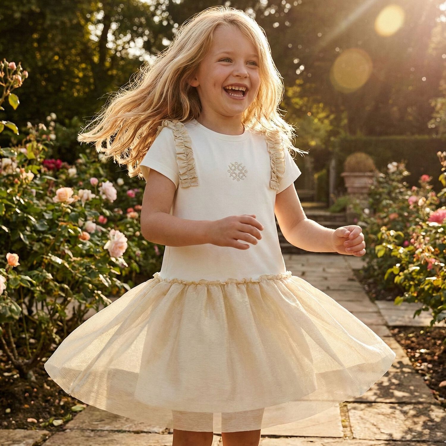 Girls Ivory & Gold Logo Dress, 1, hi-res