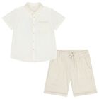Boys Ivory & Beige Striped Shorts Set, 1, hi-res