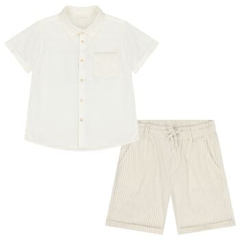 طقم شورت مخطط للأولاد باللونين العاجي والبيج