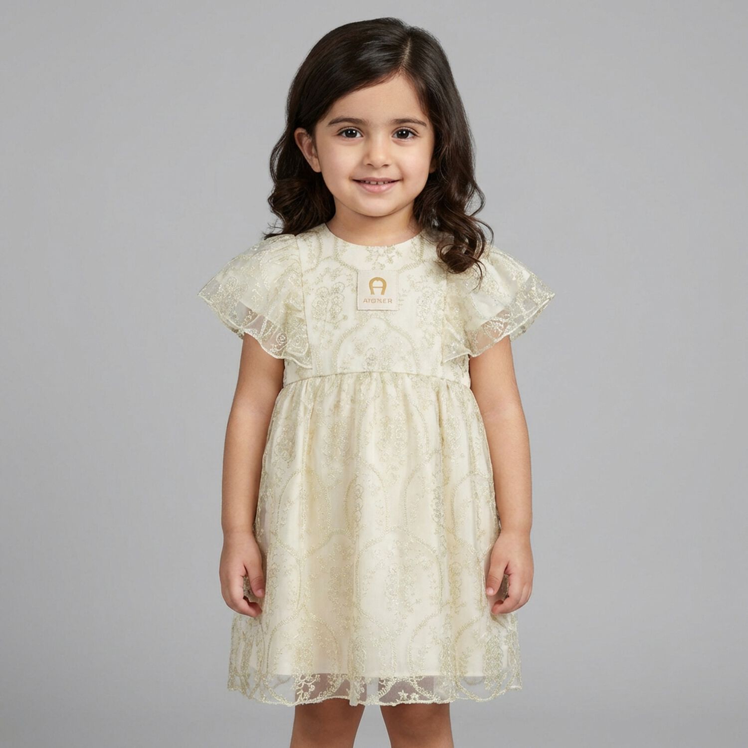 Younger Girls Gold Logo Dress, 1, hi-res