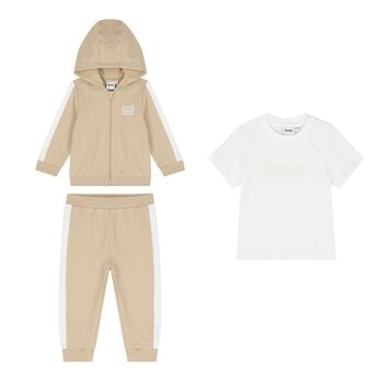 Baby Boys Beige Logo Hooded Tracksuit Gift Set