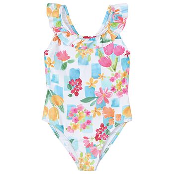 Girls Ivory & Green Floral Swimsuit