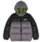 Boys Grey & Green Logo Padded Puffer Jacket, 1, hi-res