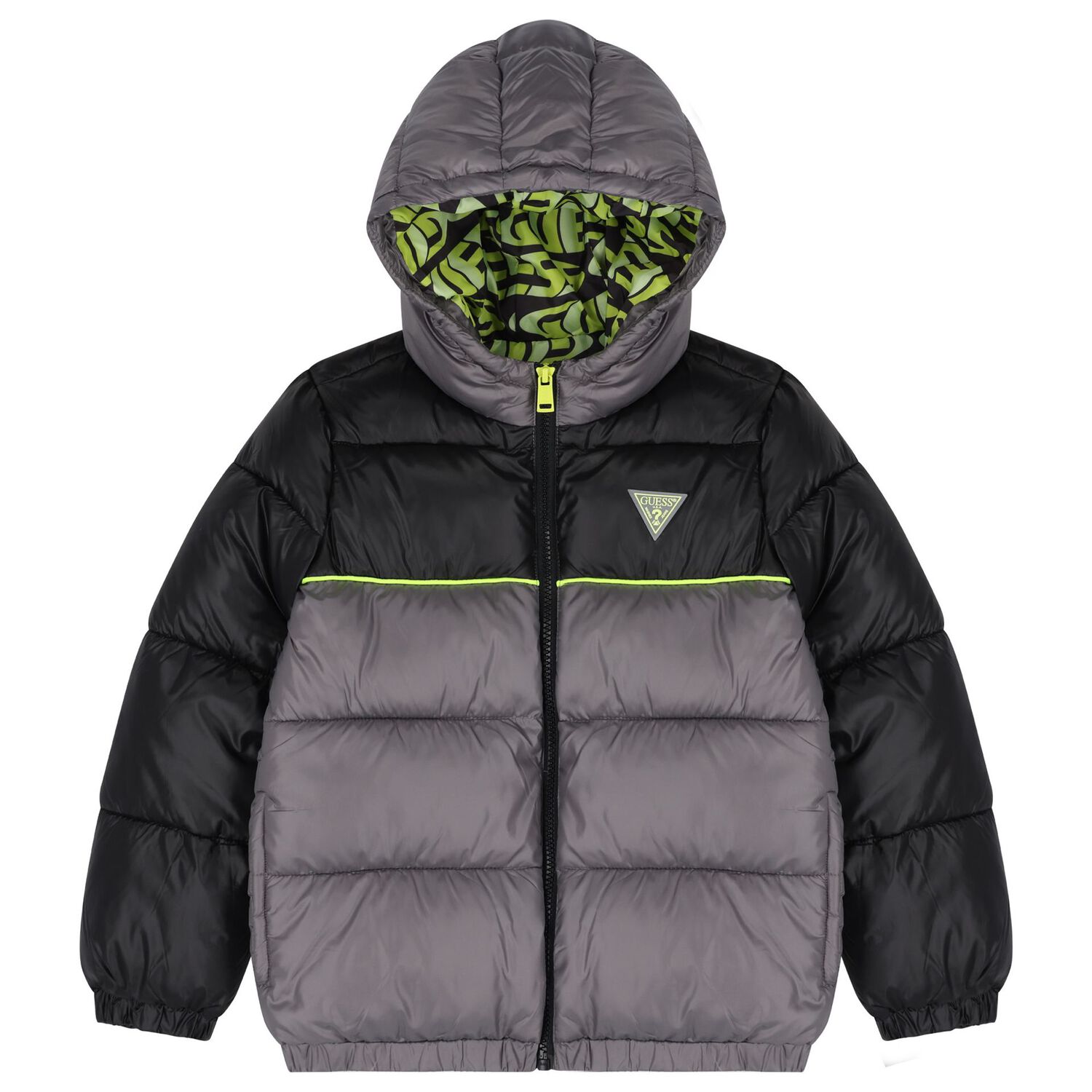 Boys Grey & Green Logo Padded Puffer Jacket, 1, hi-res image number null