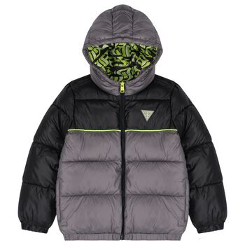 Boys Grey & Green Logo Padded Puffer Jacket
