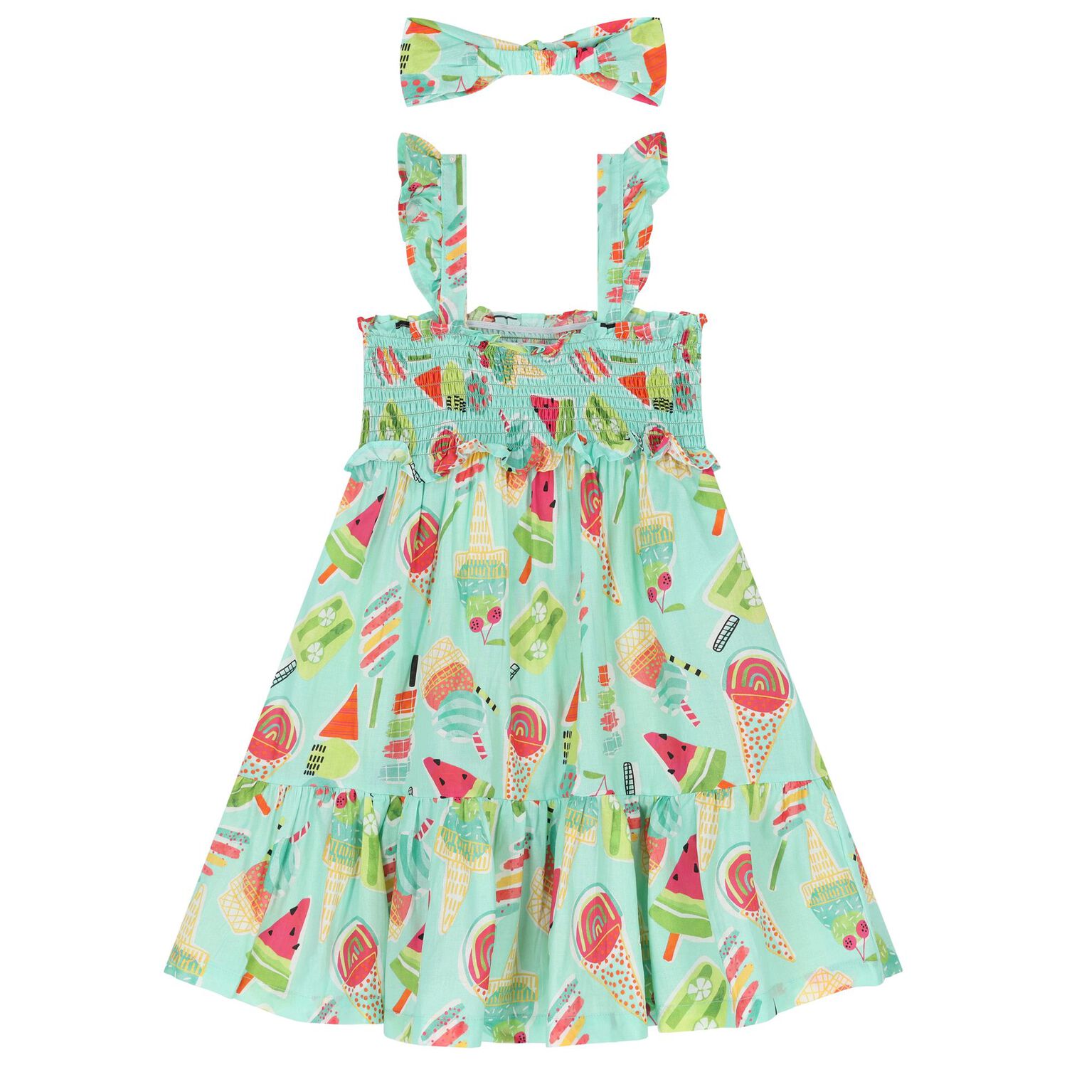 طقم فستان بنات بطبعة آيس كريم باللون الأخضر, 1, hi-res image number null