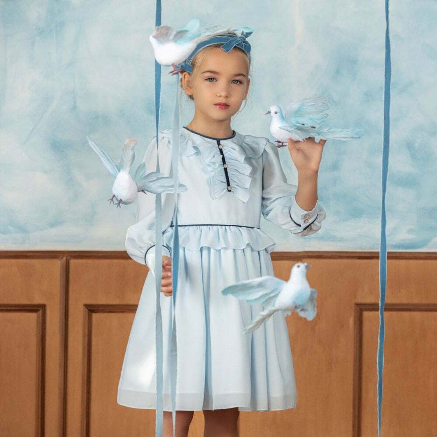 Girls Blue Embellished Frill Dress, 1, hi-res