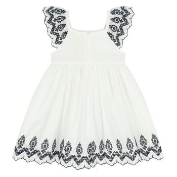 Girls White & Navy Blue Embroidered Dress
