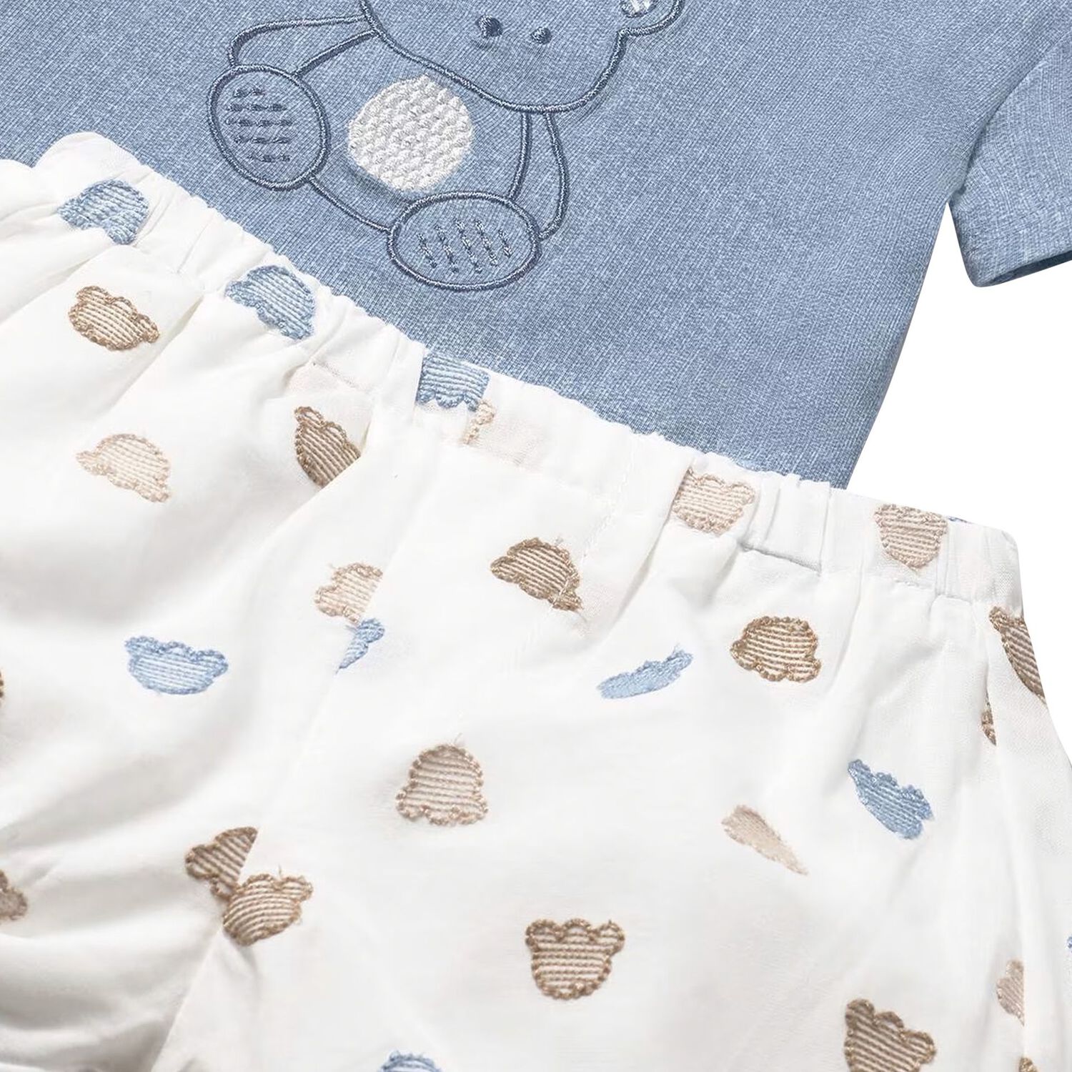 Baby Boys Blue & White Cotton Teddy Shorts Set, 1, hi-res