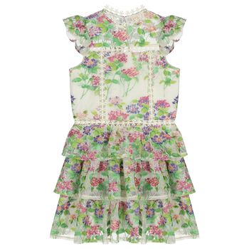 Girls Ivory & Green Embroidered Floral Dress