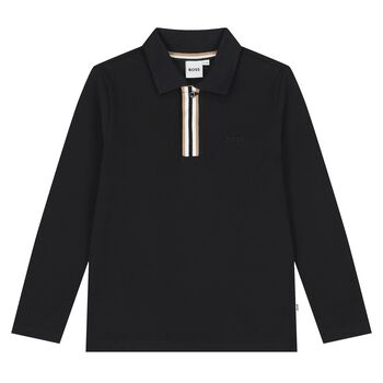 Boys Black Logo Long Sleeve Polo Shirt
