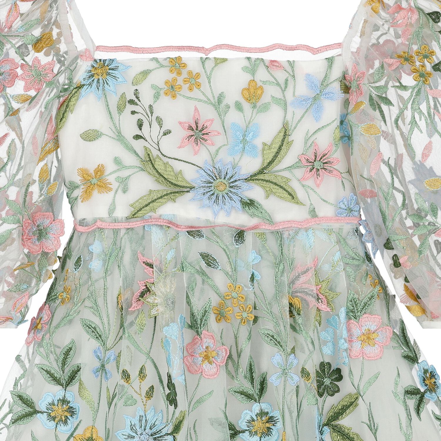 Girls White & Green Embroidered Tulle Dress, 1, hi-res