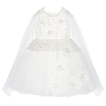 Girls White Sequin Tulle Flower Dress