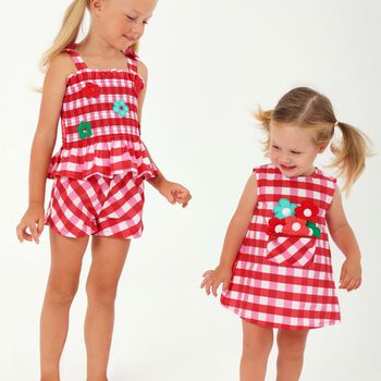 فستان كاروهات للبنات باللون الوردي والأبيض 