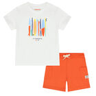 Younger Boys White & Orange Surfing Board Shorts Set, 2, hi-res
