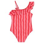 Girls Red & Pink Striped Swimsuit, 1, hi-res