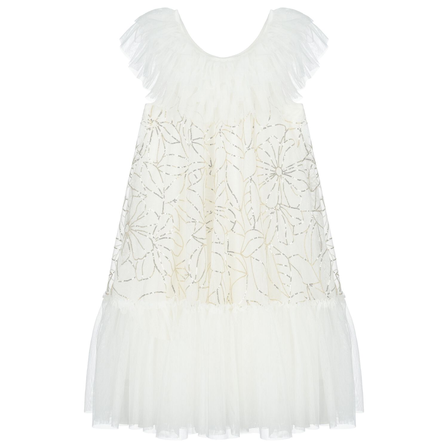 فستان بنات تول مزين بالترتر باللون العاجي, 1, hi-res image number null